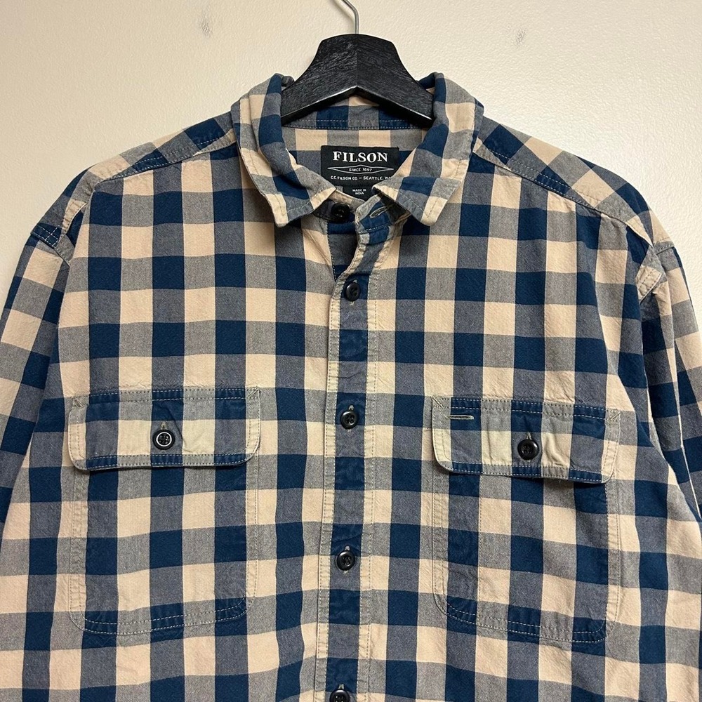 Filson Vintage 2000s Navy Cream Checkered Heavyweight Shirt Mens L - Picture 2 of 6